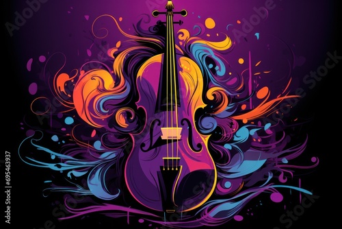  a violin with colorful paint splatters on it's body and a violin in the middle of the image, on a dark background with swirls and splashes.