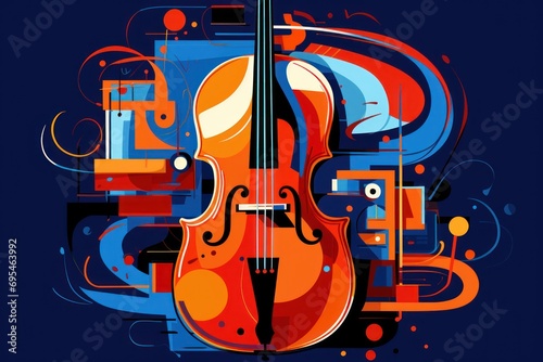  a painting of a violin with a blue background and a red  orange  and blue design on the front of the violin is surrounded by abstract shapes and shapes.