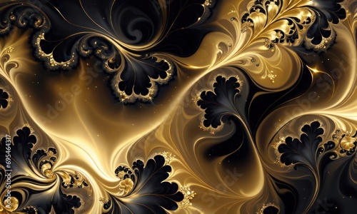 fractal flowers golden and black liquid marble background. Resin geode and abstract art, functional art, like watercolor geode painting, Generative AI