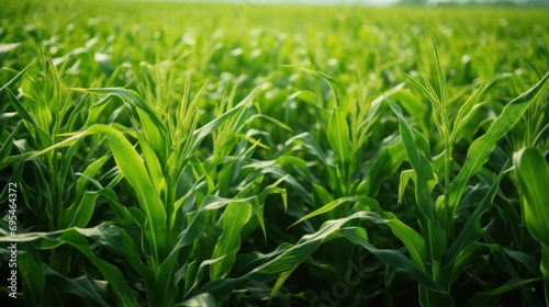 Bright green biofuel crops, such as corn, are used to produce sustainable energy.