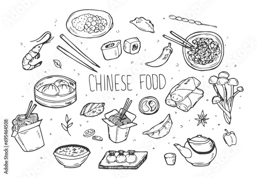 Hand drawn set of Chinese food doodles in vector