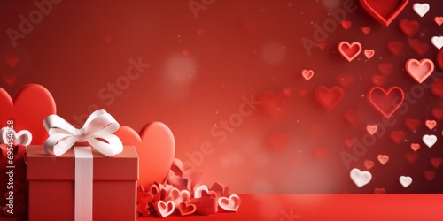 Valentine's Day concept paper sign with handmade gift box. Lots of paper cut ribbons, bows and hearts on red background.