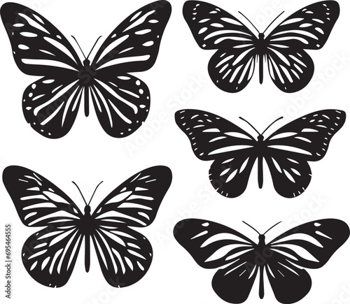 Silhouette Solid Vector Icon Set Of butterflies, Moth, Lepidopteran, Insect, Papillon.