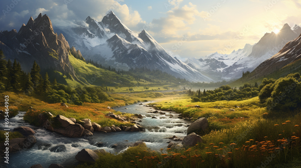A mesmerizing scene of a mountain valley embraced by the warmth of sunrise during the summer, creating a stunning and realistic natural landscape captured in high definition clarity.