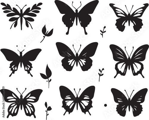 Silhouette Solid Vector Icon Set Of butterflies, Moth, Lepidopteran, Insect, Papillon.