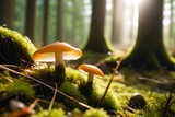 Mushrooms growing in the forest on mossy ground with sunligh