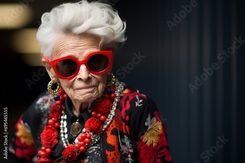 Portrait of elderly elegant woman wearing sunglasses with red frames, massive earrings and flower beads. Concepts: active longevity, freedom, fashion in adulthood