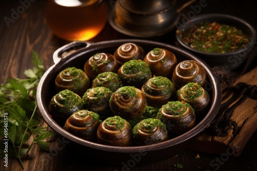  a pan filled with snails sitting on top of a wooden table next to a cup of tea and a pot of pesto on the side of the pan with the snails.
