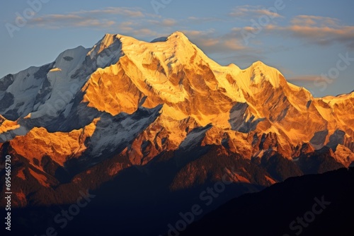  the top of a mountain is illuminated by the sun shining on it's snow - capped peak, in the foreground is a blue sky with clouds in the foreground, and in the foreground is a. © Nadia
