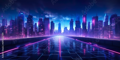 Night road to the city, neon landscape, background. Panorama of a city business skyscraper building. Modern architecture of metropolis center and big highway with fence surrounding concept
