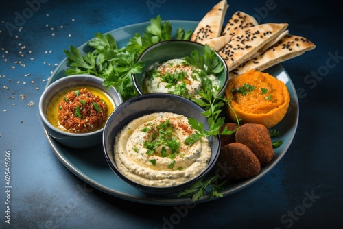  a plate of hummus, bread, breadsticks, and other food on a blue plate with sprinkles of parsley on the side of bread.