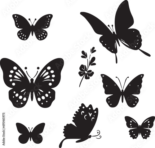 Silhouette Solid Vector Icon Set Of butterflies, Moth, Lepidopteran, Insect, Papillon.