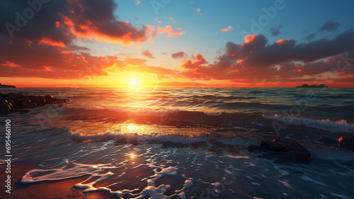 A mesmerizing scene of an incredible sea sunset, where the sun dips below the horizon, casting a golden glow over the water, presenting a stunning and realistic nature landscape background