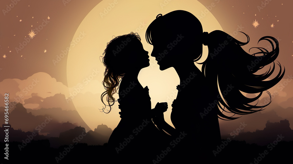 Silhouette einer liebevollen Mutter und Tochter bei Sonnenuntergang