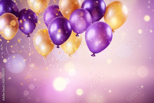  a bunch of balloons floating in the air on a purple and yellow background with a blurry boke of light coming from the top of the balloons to the bottom of the balloons.