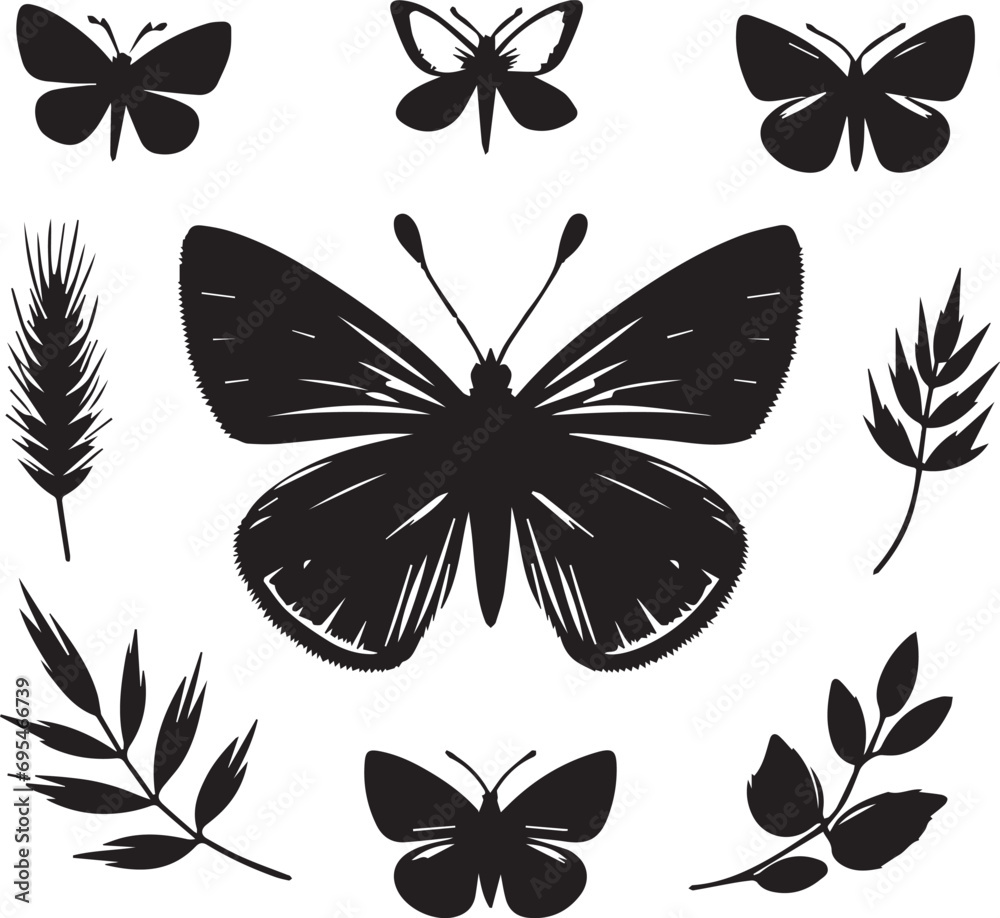 Fototapeta premium Silhouette Solid Vector Icon Set Of butterflies, Moth, Lepidopteran, Insect, Papillon.