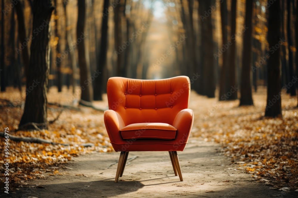  an orange chair is sitting in the middle of a path in the middle of a wooded area with yellow leaves on the ground and a path leading to the woods.