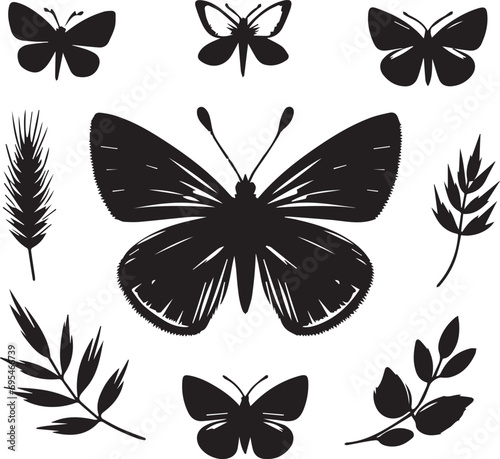 Silhouette Solid Vector Icon Set Of butterflies, Moth, Lepidopteran, Insect, Papillon.