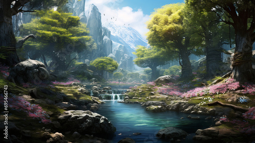 A mesmerizing spring forest with a meandering river  adorned with rocks and surrounded by blossoming trees  creating a scene of pure natural beauty.
