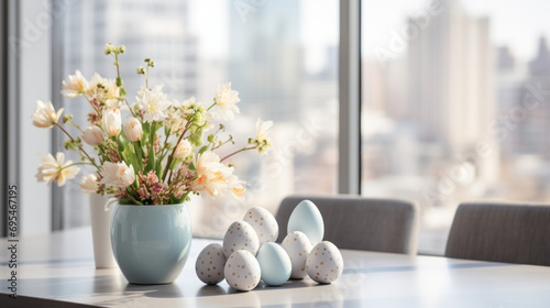 Painted Easter eggs beside a vase with flowers. Shallow depth of field. Cityscape in the background. Clean and minimalist decor. Light and bright.