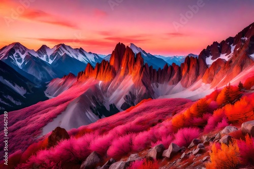 Majestic mountain peaks bathed in the warm hues of a sunrise, the sky ablaze with shades of pink and gold, serene clouds drifting between the rugged summits, capturing the awe-inspiring beauty 