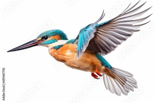  a colorful bird flying through the air with it's wings spread out and it's head turned to look like it's coming out of the water. © Nadia