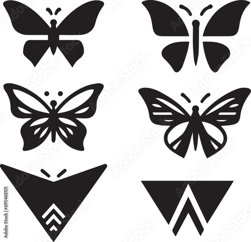 Silhouette Solid Vector Icon Set Of butterflies, Moth, Lepidopteran, Insect, Papillon.