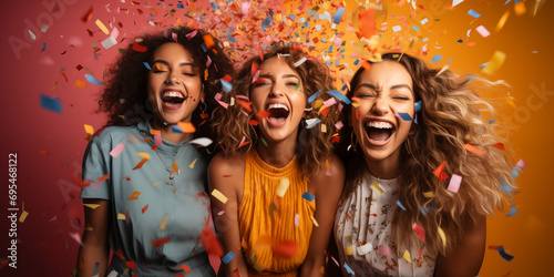 Friends Celebrating with a Confetti Explosion - Party Happiness, Friendship Bond, Celebration Event, Euphoria, Vivacious Young Adults, Fun Moments, Colorful Atmosphere