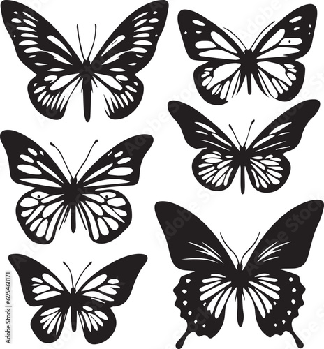 Silhouette Solid Vector Icon Set Of butterflies, Moth, Lepidopteran, Insect, Papillon.