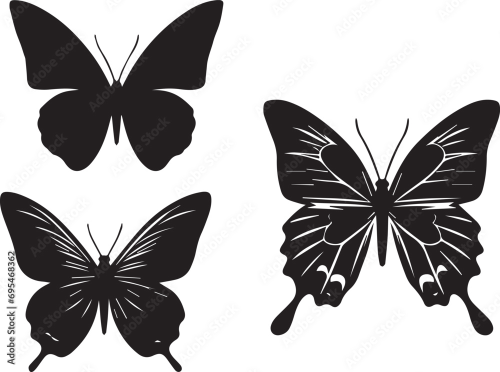 Fototapeta premium Silhouette Solid Vector Icon Set Of butterflies, Moth, Lepidopteran, Insect, Papillon.
