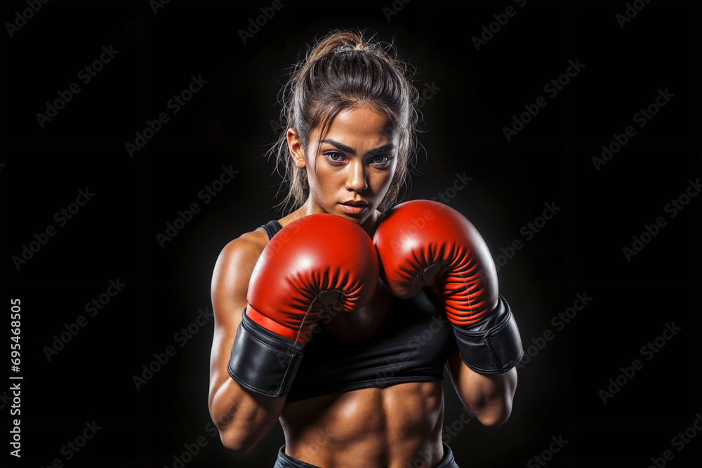 Half body shot of a female boxer with tanned skin and red gloves. Her guard is up, she is on a black background, with dramatic lighting