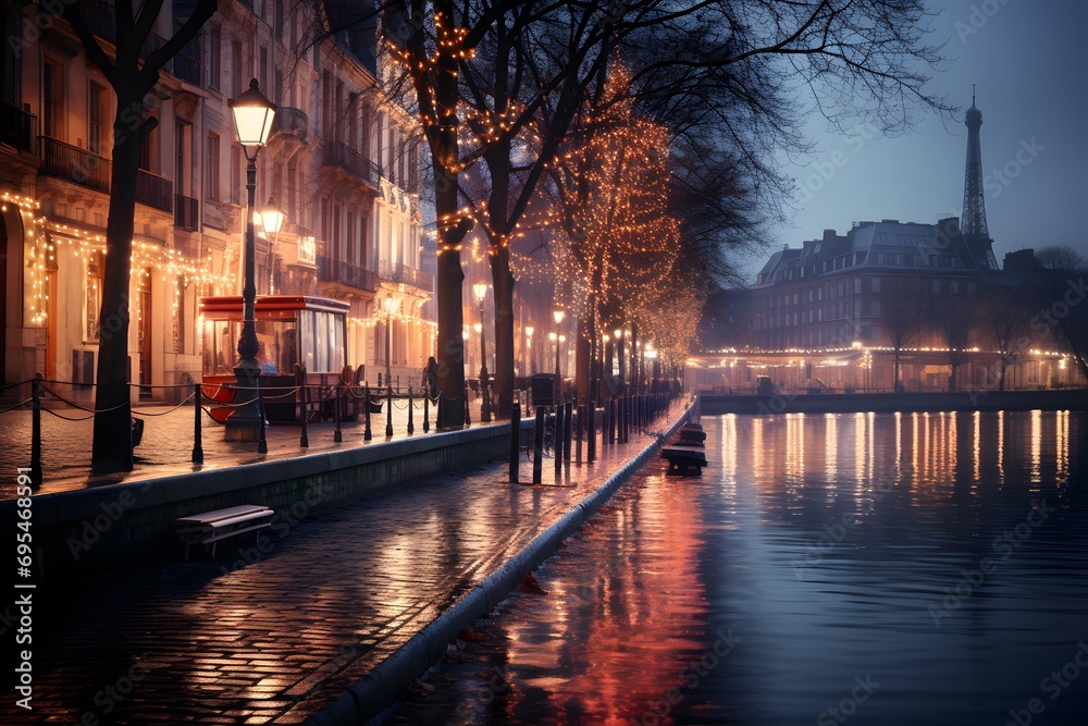 Panoramic view of the embankment of the Seine river at night, Paris, France