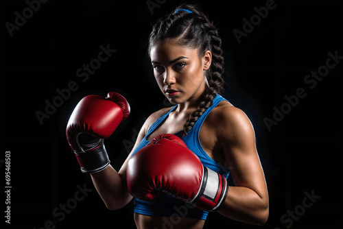 Half body shot of a female boxer wearing a blue crop top and red gloves. She is posing in front of a black background with her fists in combat mode. Dramatic lighting