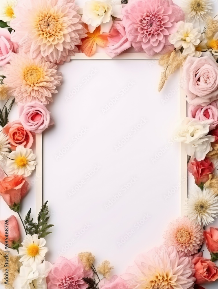 A frame of floral decorations on a white background, free space for text A frame of floral decorations on a white background, free space for text