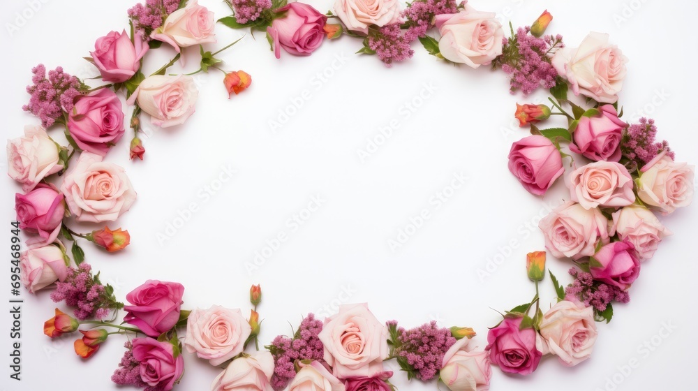 A frame of small roses with floral decorations on a white background