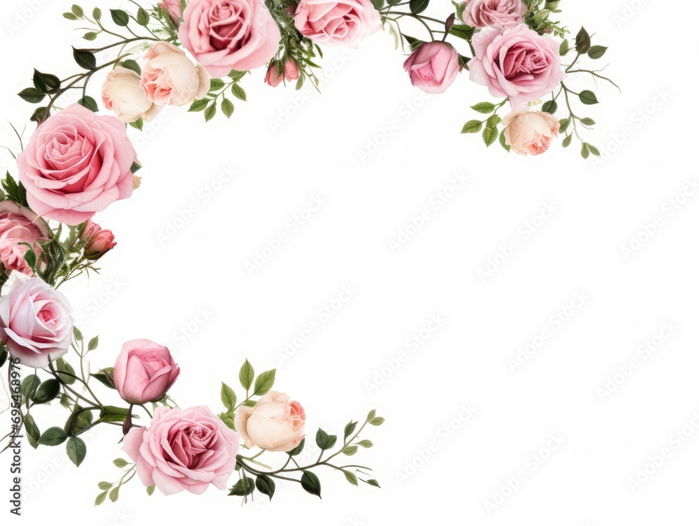 A frame of small roses with floral decorations on a white background A frame of small roses with floral decorations on a white background