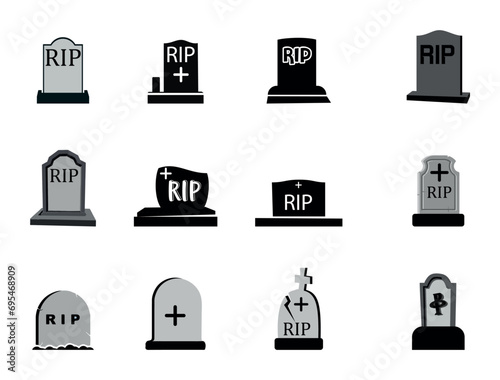 Headstone Vector Illustration Set With Clip Art White Background And Hard Hat Isolated Symbol. Horror Gravestone Dead Place, Headstone Horror Die, Christian Ghost Grave Silhouette.