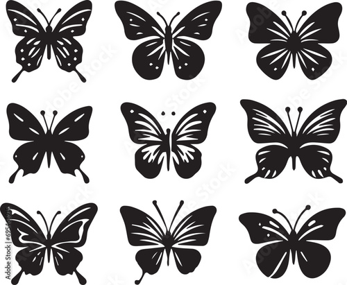 Silhouette Solid Vector Icon Set Of butterflies, Moth, Lepidopteran, Insect, Papillon.