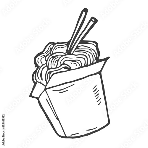 Asian fried noodle box for take away. Fresh tasty food from Vietnamese, Chinese, Taiwanese restaurants.