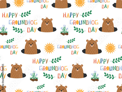 Seamless pattern with a cute cartoon groundhog, snowdrops and the inscription Groundhog Day on a white background. Flat vector illustration.