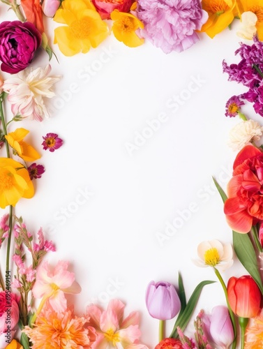 A frame of vibrant color flowers with decorations on a white background, free space for text