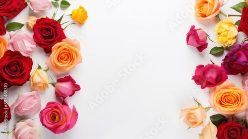 A frame of vibrant color roses with floral decorations on a white background  free space for text