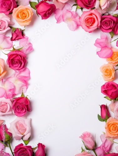 A frame of vibrant color roses with floral decorations on a white background, free space for text