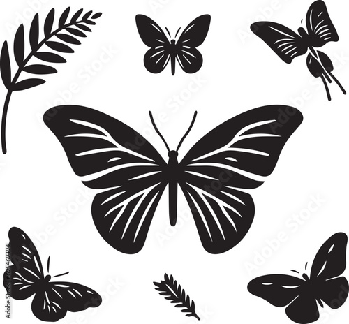 Silhouette Solid Vector Icon Set Of butterflies, Moth, Lepidopteran, Insect, Papillon.