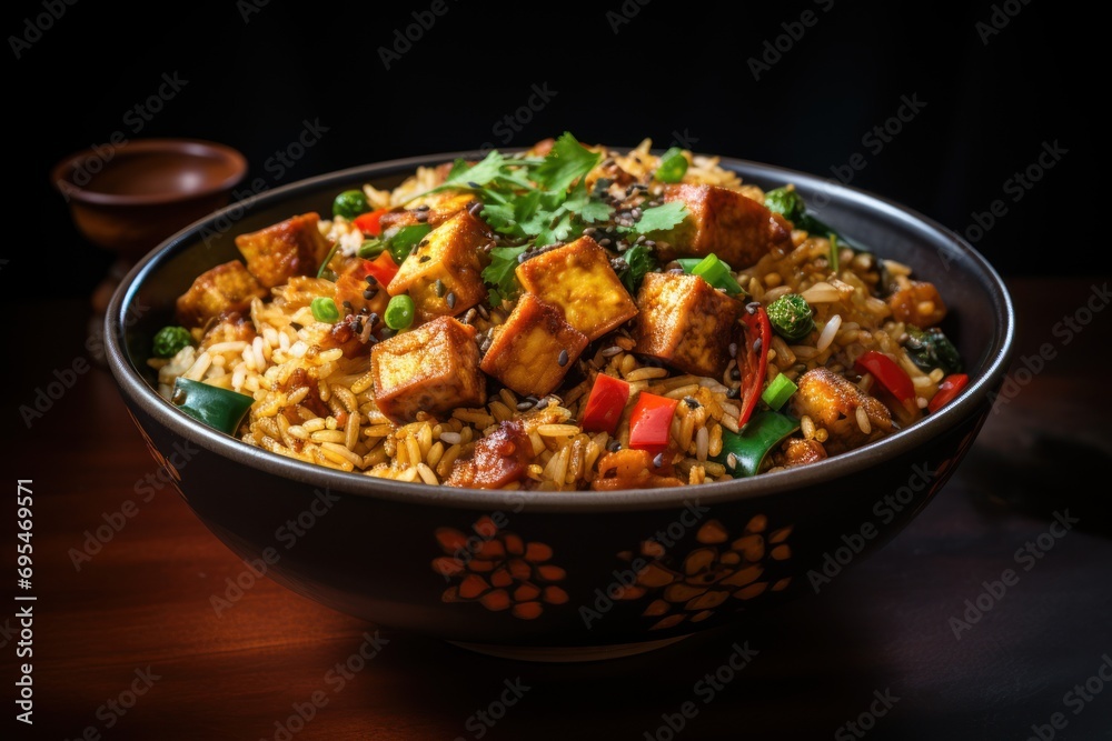  a close up of a bowl of rice with tofu and veggies on a wooden table with a wooden spoon and a wooden bowl of sauce in the background.