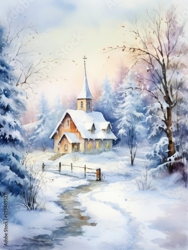 Beautiful Christmas card with a winter landscape in the 19th century style, watercolor