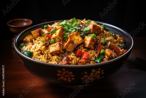  a close up of a bowl of rice with tofu and veggies on a wooden table with a wooden spoon and a wooden bowl of sauce in the background.