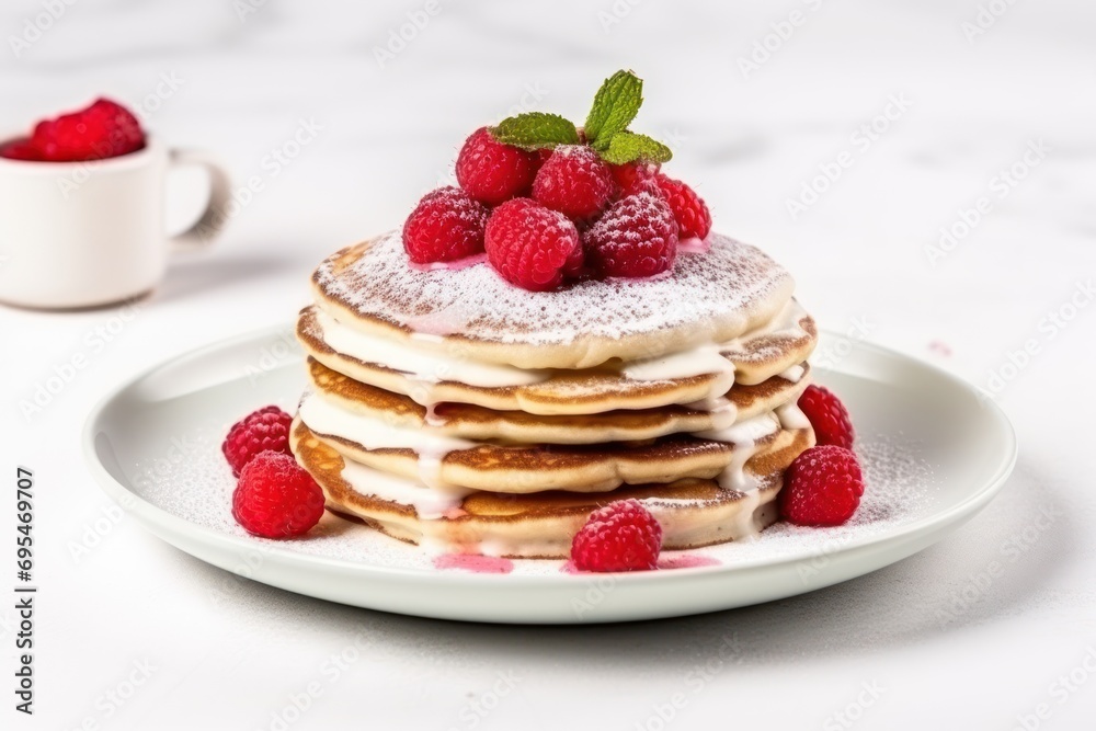  a stack of pancakes covered in powdered sugar and topped with fresh raspberries on a white plate with a cup of coffee and saucer in the background.