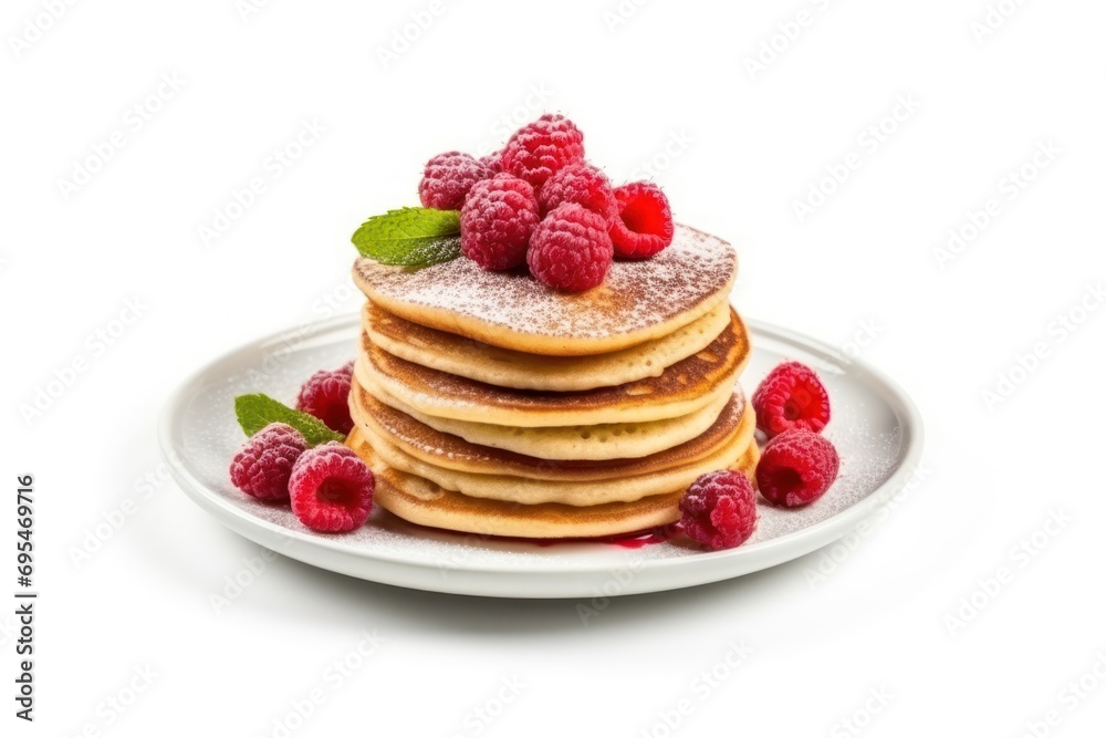 a stack of pancakes topped with raspberries and powdered sugar on a white plate with mint leaves and raspberries on top of the plate on a white background. a stack of pancakes topped with raspberries and powdered sugar on a white plate with mint leaves and raspberries on top of the plate on a white background.