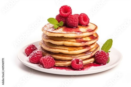  a stack of pancakes with raspberries and powdered sugar on a white plate with mint leaves and raspberries on a white background with copy space for text.